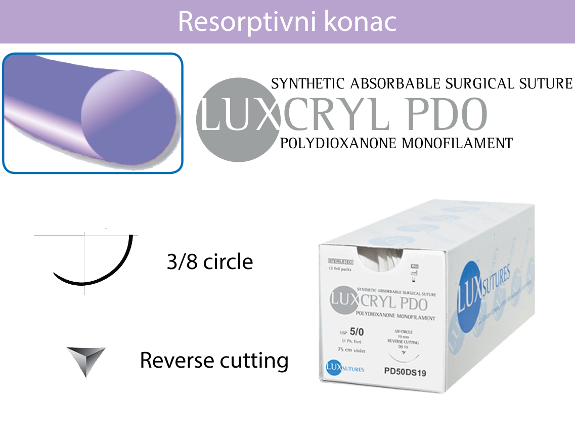 LUXCRYL MONO PDOKirurški konci i skalpeli-Resorptivni konciPOLYDIOXANONE MONOFILAMENTIgla: 3/8 Circle - Reverse cuttingDuljina konca: 45 cmBoja: VioletPakiranje sadrži:12 kom