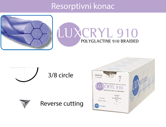 LUXCRYL 910Kirurški konci i skalpeli-Resorptivni konciPOLYGLACTINE braided violetIgla: 3/8 Circle - Reverse cuttingDuljina konca: 75 cmBoja: VioletPakiranje sadrži:12 kom